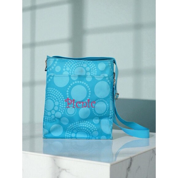 Thirty One Insulated Cooler Tote "Picnic" Embroidered On The Front Blue Dots - Picture 1 of 12